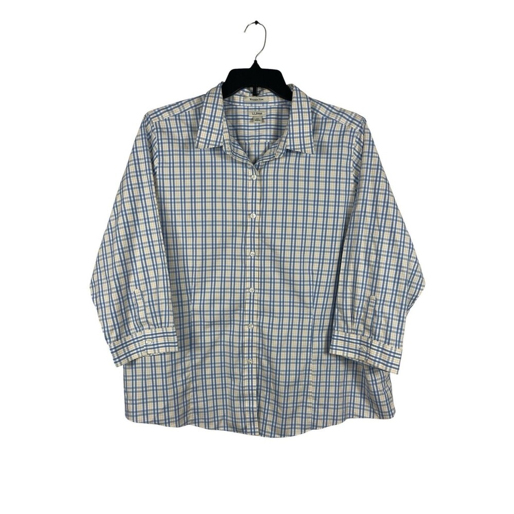 LL Bean Women’s 2X Blue Yellow Plaid Button Down Shirt Wrinkle Free Cotton